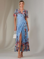 Jolie Moi Blue Mirror Print Mesh Wrap Maxi Dress - Image 8 of 11