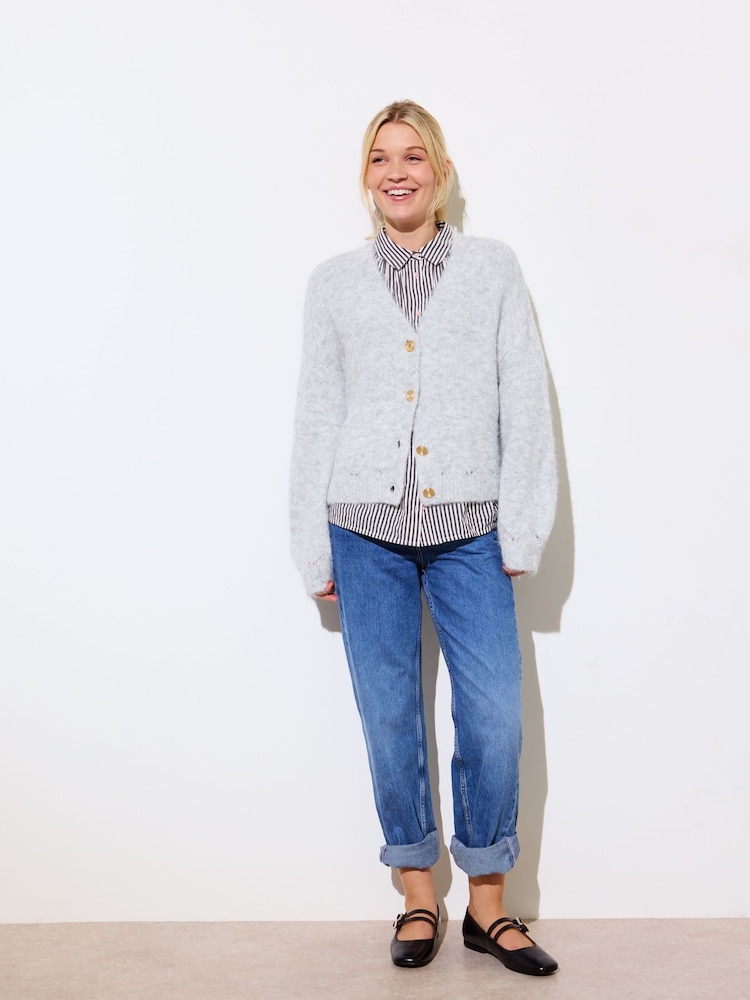 Oliver Bonas Grey Pointelle V-Neck Knitted Cardigan - Image 1 of 8