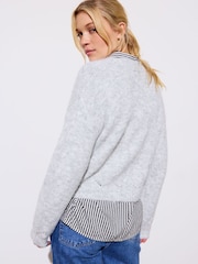 Oliver Bonas Grey Pointelle V-Neck Knitted Cardigan - Image 2 of 8