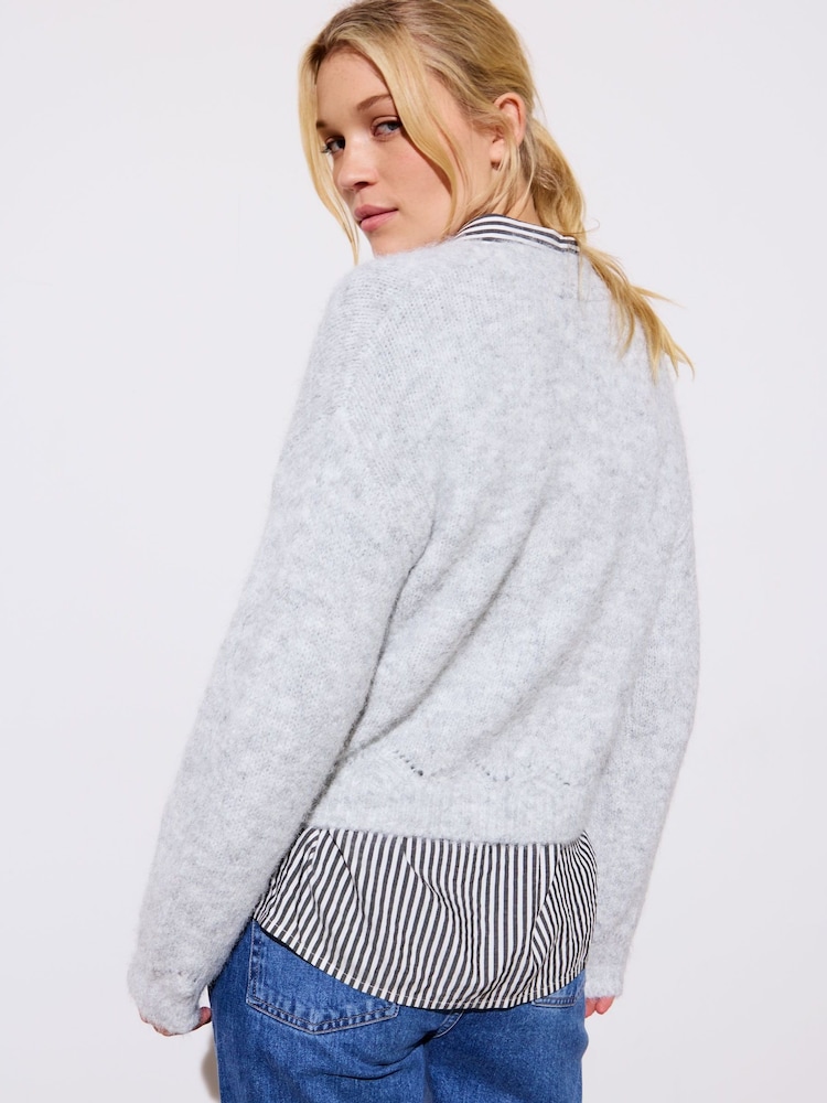 Oliver Bonas Grey Pointelle V-Neck Knitted Cardigan - Image 2 of 8