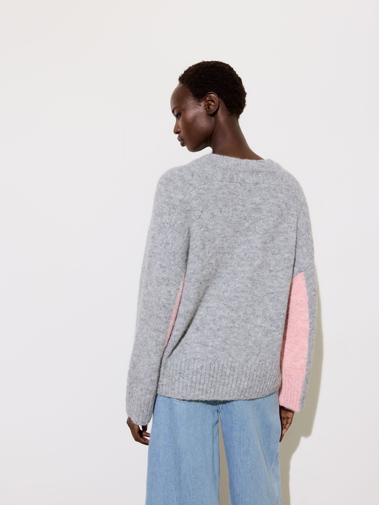 Oliver Bonas Grey V-Neck Knitted Jumper - Image 2 of 9 Oliver Bonas Grey V-Neck Knitted Jumper - Image 2 of 9