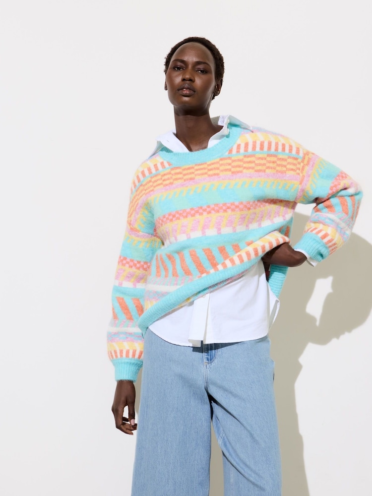 Oliver Bonas Blue Abstract Stripe Geometric Knitted Jumper - Image 1 of 9