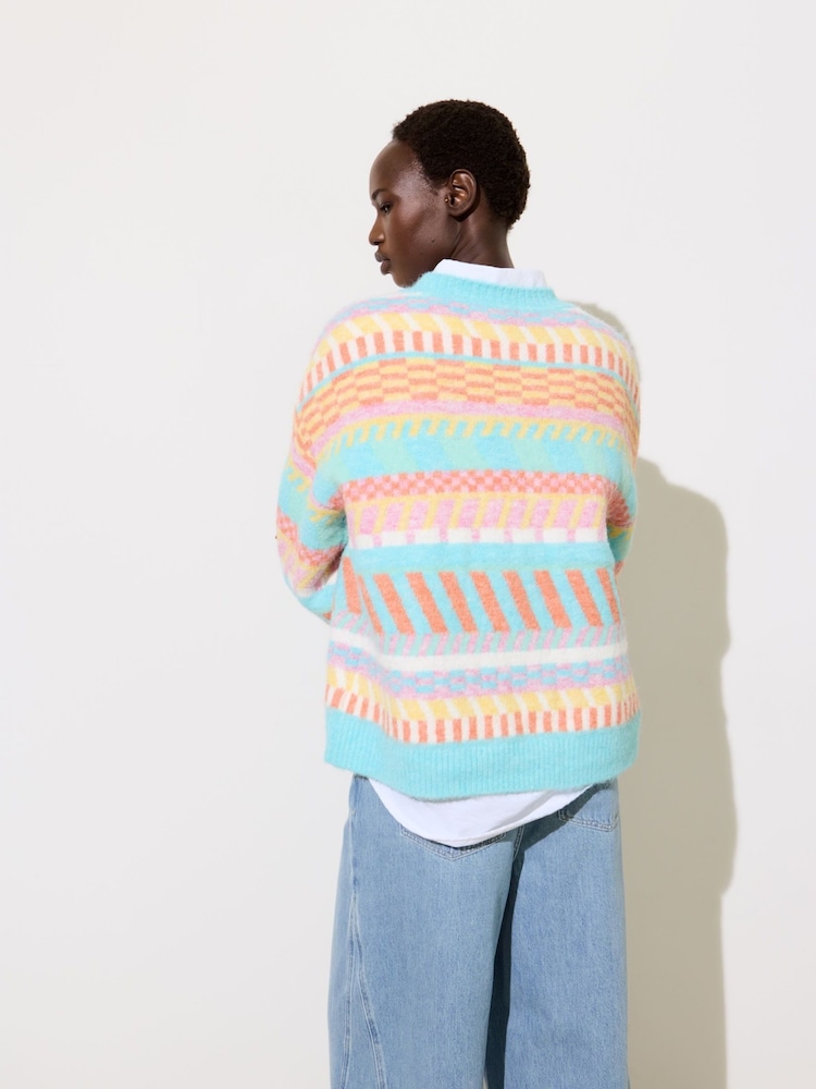 Oliver Bonas Blue Abstract Stripe Geometric Knitted Jumper - Image 2 of 9 Oliver Bonas Blue Abstract Stripe Geometric Knitted Jumper - Image 2 of 9