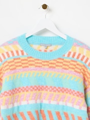 Oliver Bonas Blue Abstract Stripe Geometric Knitted Jumper - Image 6 of 9