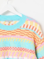 Oliver Bonas Blue Abstract Stripe Geometric Knitted Jumper - Image 9 of 9