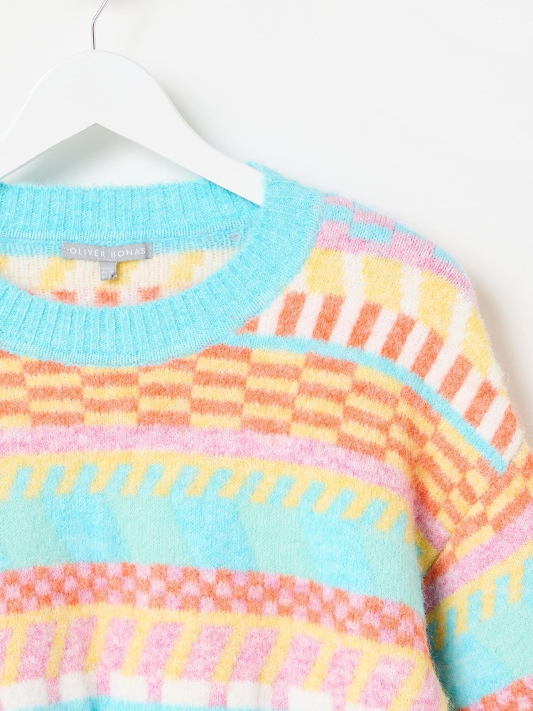 Oliver Bonas Blue Abstract Stripe Geometric Knitted Jumper - Image 9 of 9 Oliver Bonas Blue Abstract Stripe Geometric Knitted Jumper - Image 9 of 9
