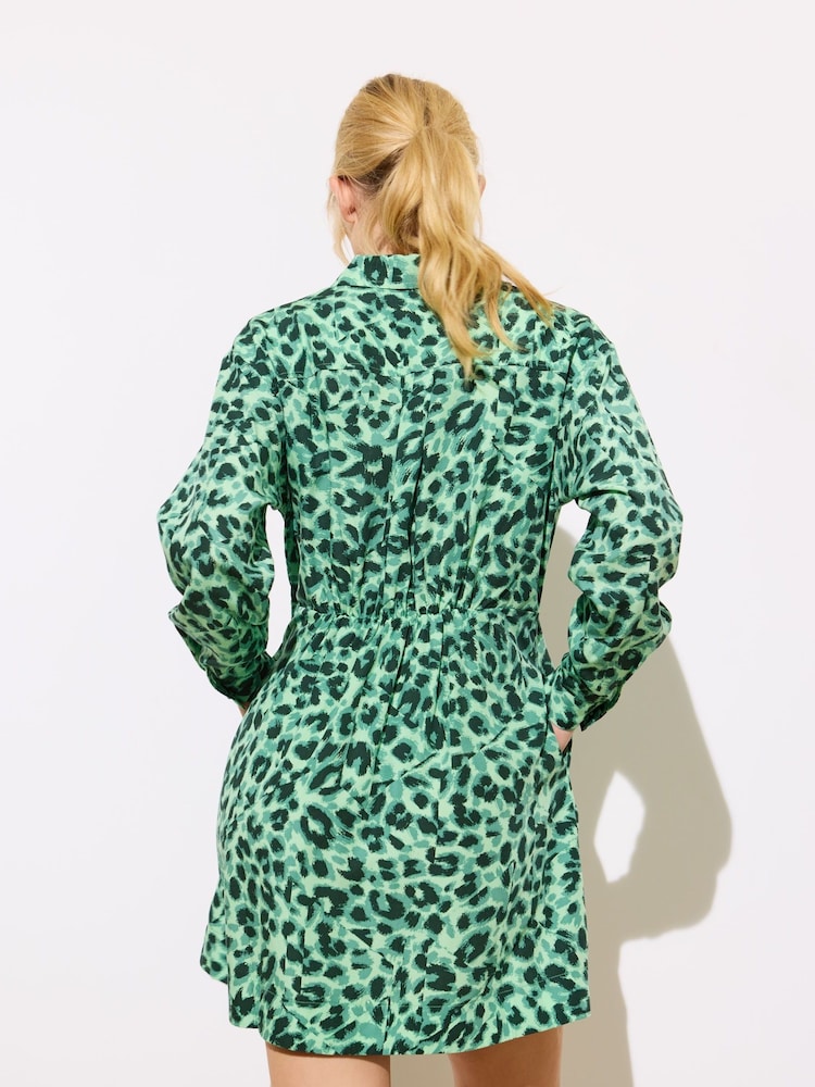 Oliver Bonas Green Animal Print Mini Shirt Dress - Image 2 of 9