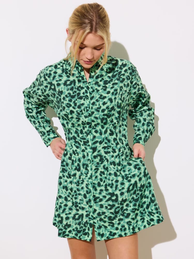 Oliver Bonas Green Animal Print Mini Shirt Dress - Image 3 of 9
