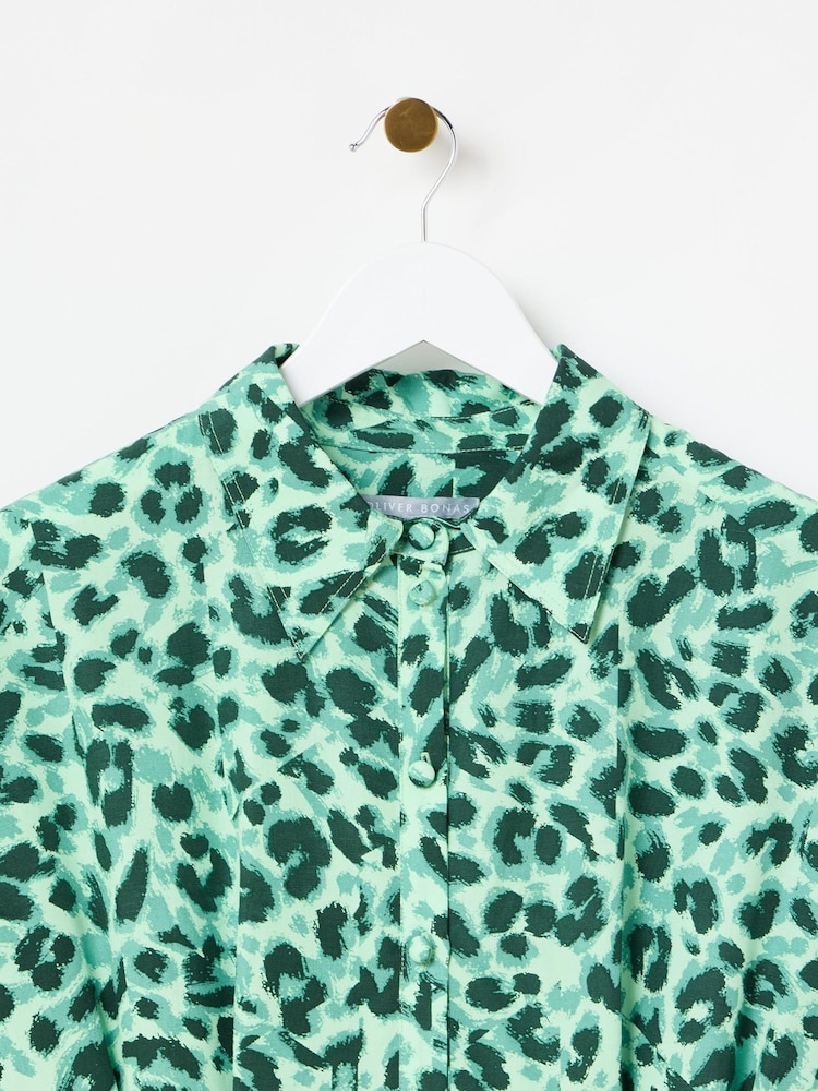 Oliver Bonas Green Animal Print Mini Shirt Dress - Image 7 of 9