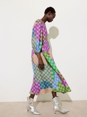 Oliver Bonas Green Checked V-Neck Midi Dress - Image 1 of 8