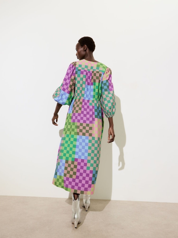 Oliver Bonas Green Checked V-Neck Midi Dress - Image 2 of 8 Oliver Bonas Green Checked V-Neck Midi Dress - Image 2 of 8
