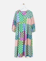 Oliver Bonas Green Checked V-Neck Midi Dress - Image 3 of 8