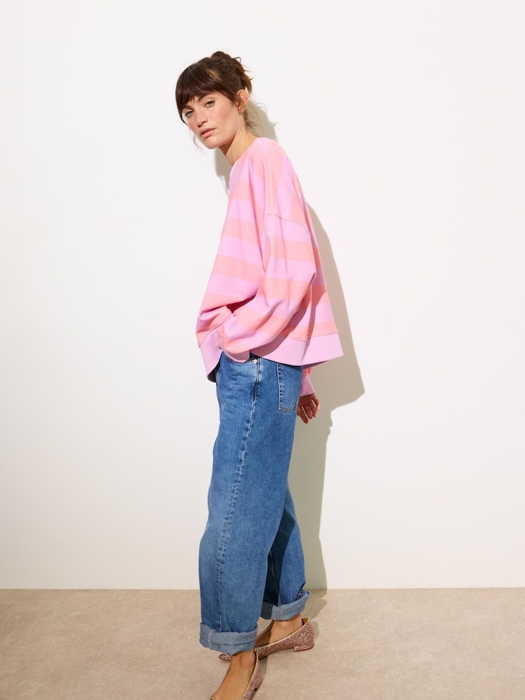 Oliver Bonas Pink 100% Cotton Striped Washed Sweatshirt - Image 2 of 9