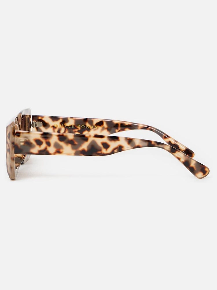 Oliver Bonas Brown Milky Faux Tortoiseshell Rectangular Sunglasses - Image 2 of 5