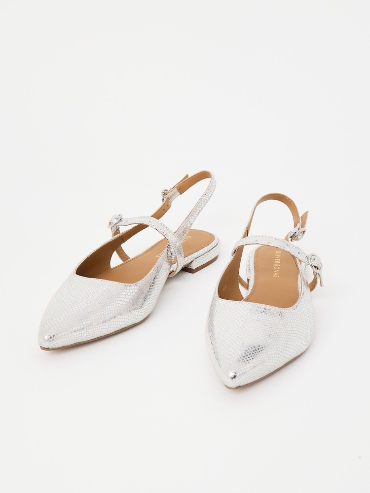 Oliver Bonas Silver Mary Jane Metallic Leather Slingbacks - Image 2 of 7