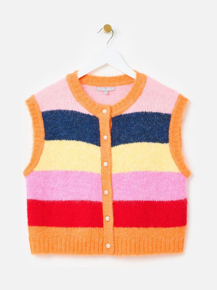 Oliver Bonas Pink Striped Fluffy Button Up Knitted Waistcoat - Image 2 of 7