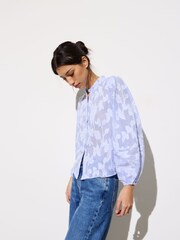 Oliver Bonas Blue Textured Floral Sheer 100% Cotton Blouse - Image 3 of 9