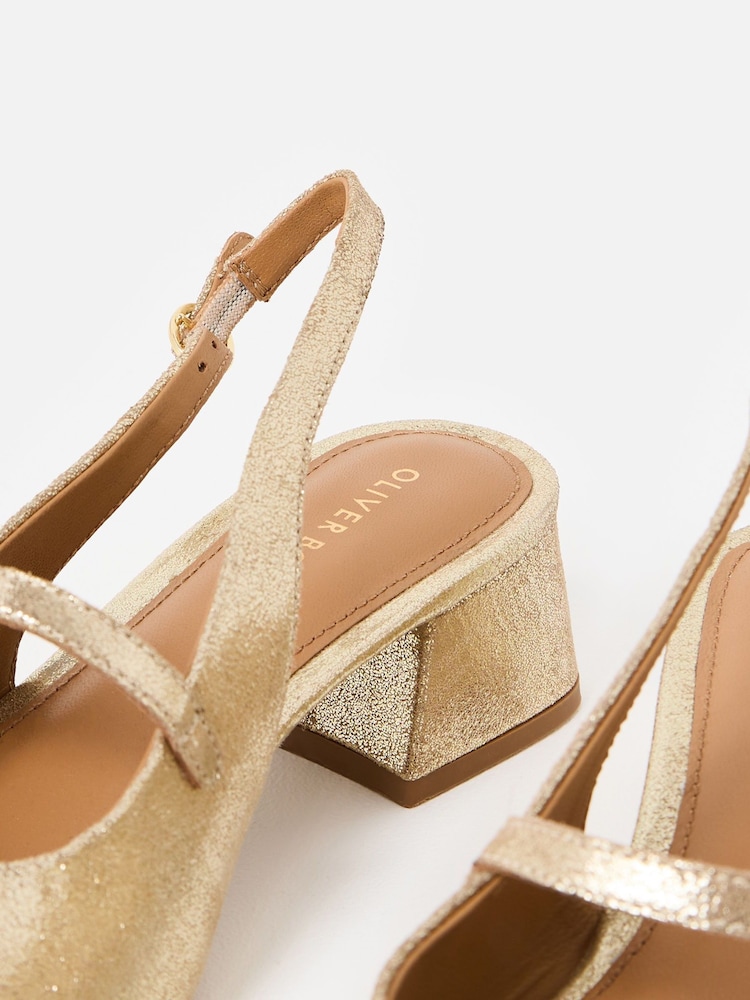 Oliver Bonas Gold Mary Jane Metallic Leather Heeled Slingbacks - Image 3 of 7
