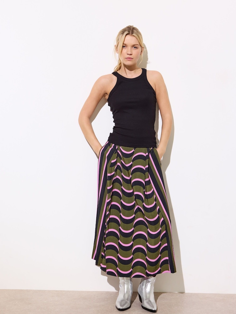 Oliver Bonas Green Wave Geometric Midi Skirt - Image 1 of 7