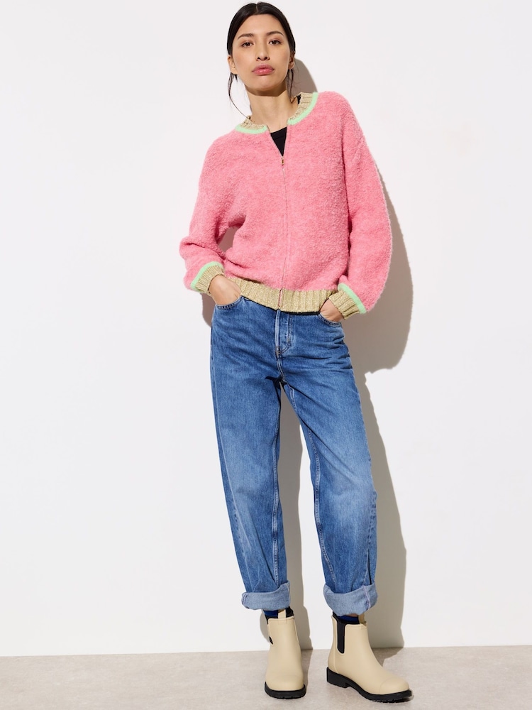 Oliver Bonas Pink Boucle Knitted Bomber Jacket - Image 1 of 8