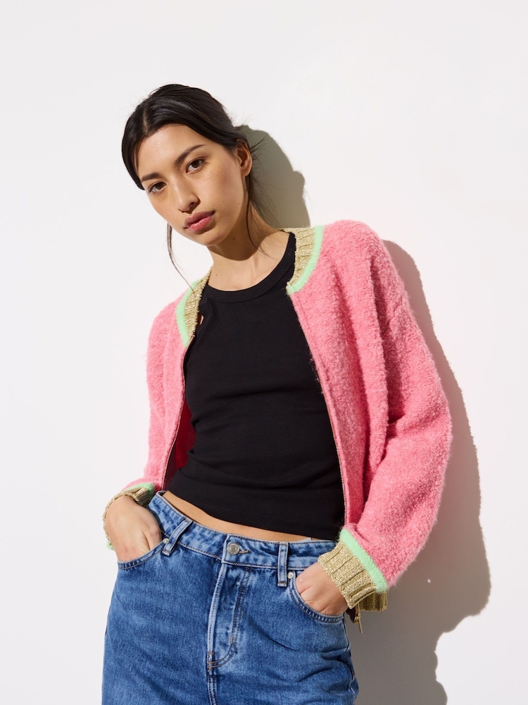 Oliver Bonas Pink Boucle Knitted Bomber Jacket - Image 2 of 8
