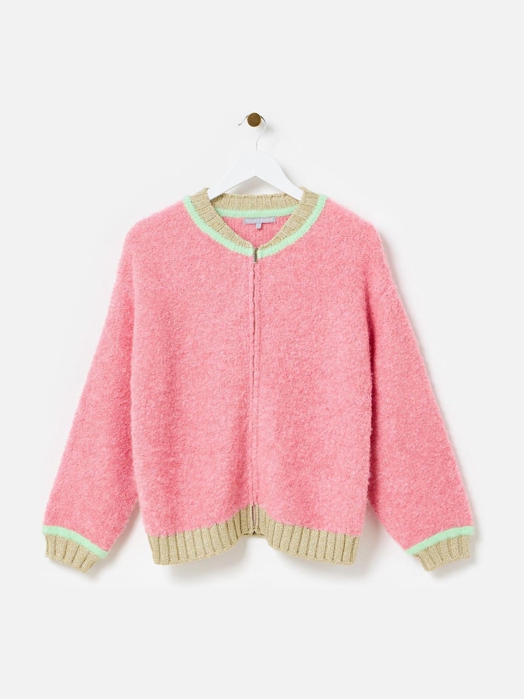 Oliver Bonas Pink Boucle Knitted Bomber Jacket - Image 3 of 8