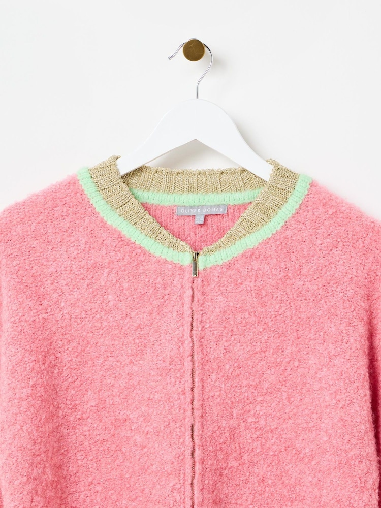 Oliver Bonas Pink Boucle Knitted Bomber Jacket - Image 6 of 8