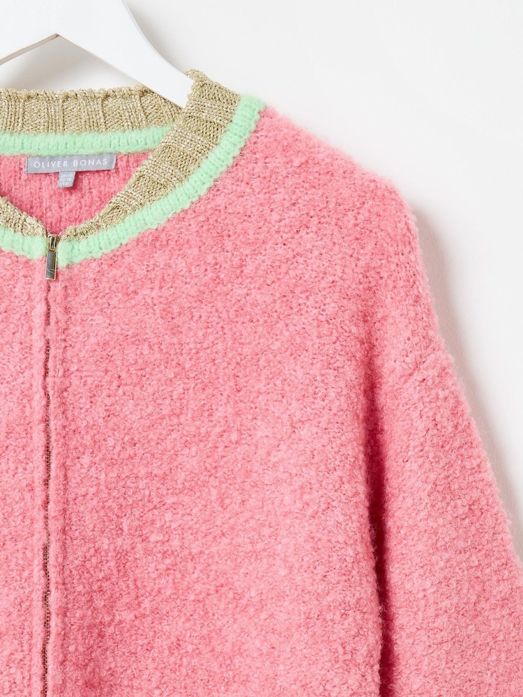 Oliver Bonas Pink Boucle Knitted Bomber Jacket - Image 8 of 8