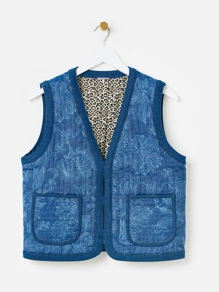 Oliver Bonas Blue Denim Embroidered Reversible Gilet - Image 4 of 9