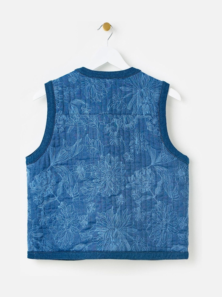 Oliver Bonas Blue Denim Embroidered Reversible Gilet - Image 5 of 9