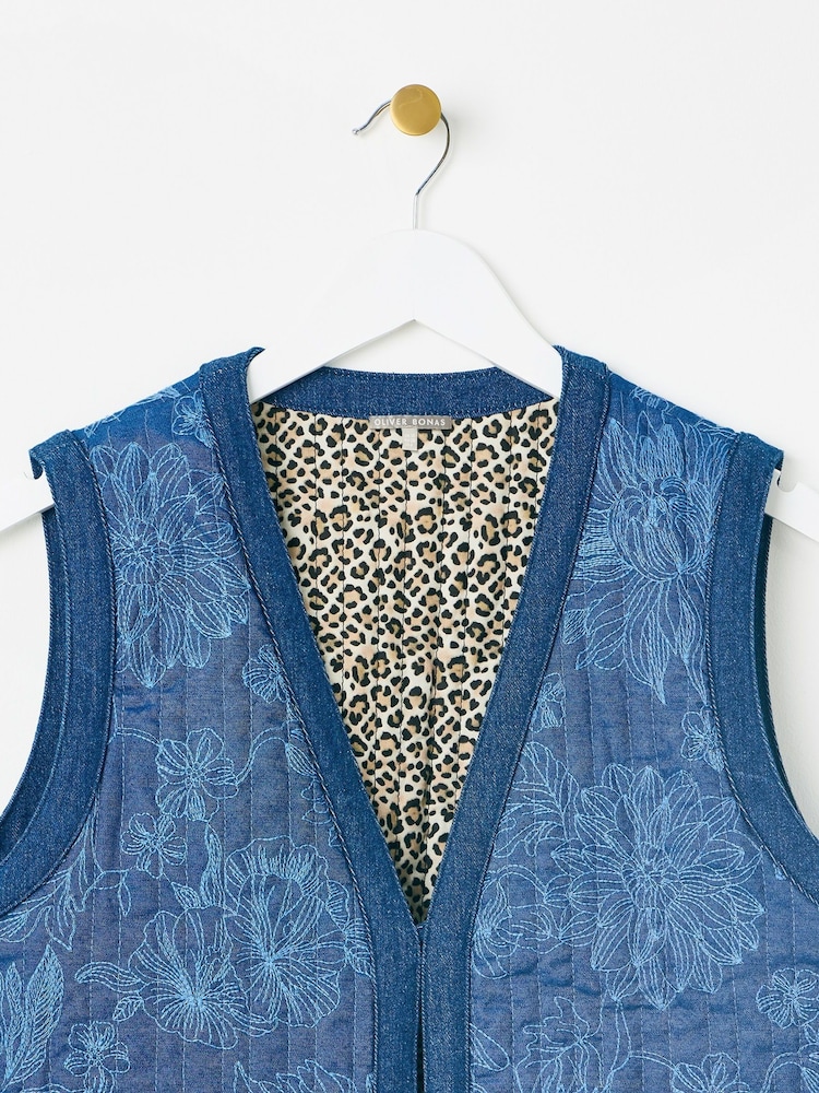 Oliver Bonas Blue Denim Embroidered Reversible Gilet - Image 7 of 9