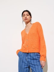 Oliver Bonas Orange Pointelle V-Neck Knitted Cardigan - Image 1 of 6