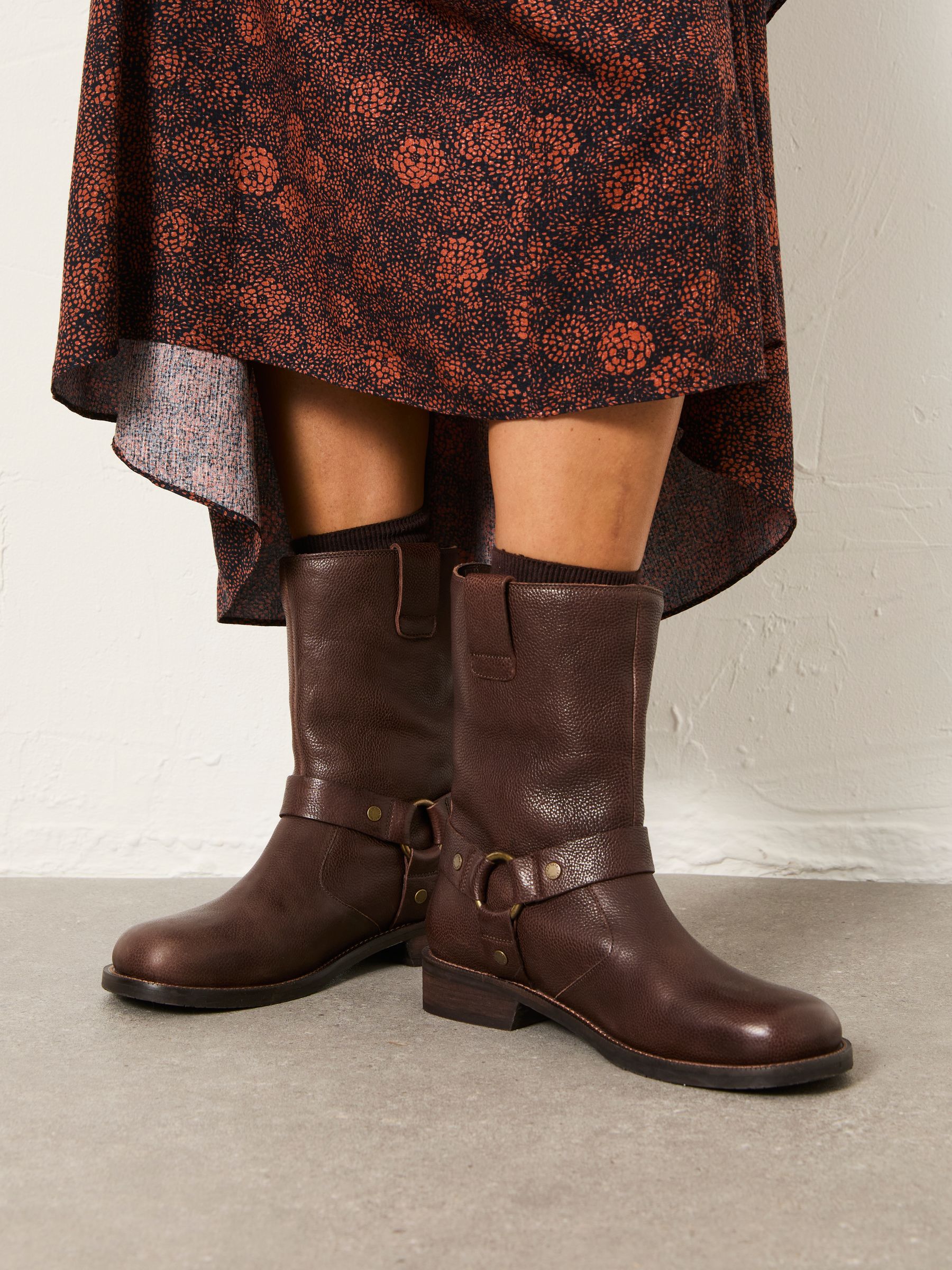 Fatface Harriet Chocolate Brown Leather Biker Ankle Boots