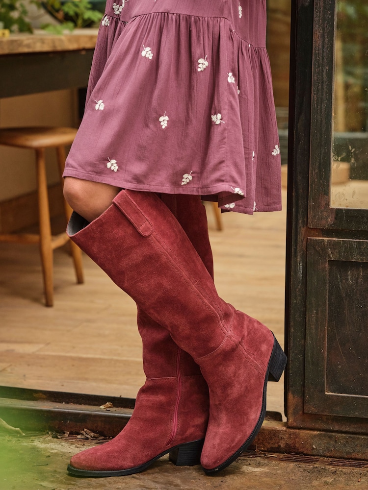 FatFace Red Suede Mid Heel Knee High Boot - Image 1 of 4