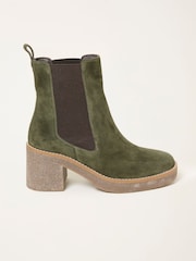 FatFace Khaki Green Suede Chelsea Mid Heel Boot - Image 1 of 3