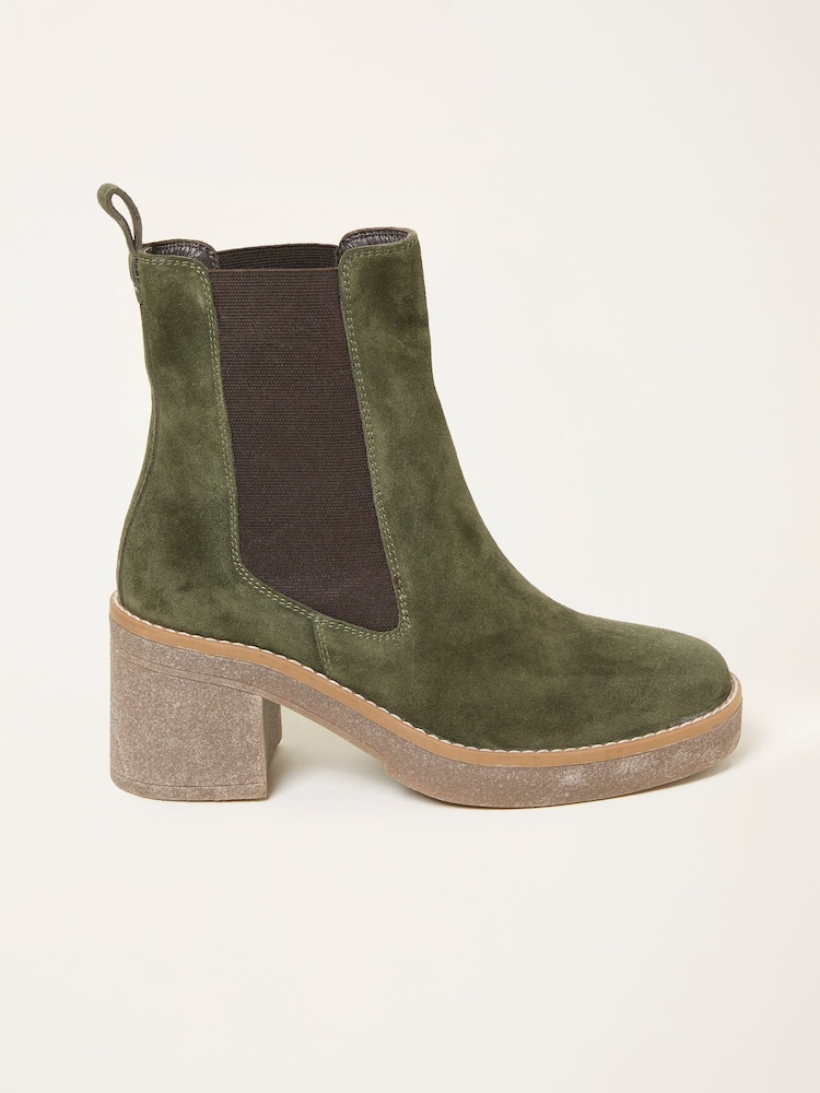 FatFace Khaki Green Suede Chelsea Mid Heel Boot - Image 1 of 3 FatFace Khaki Green Suede Chelsea Mid Heel Boot - Image 1 of 3