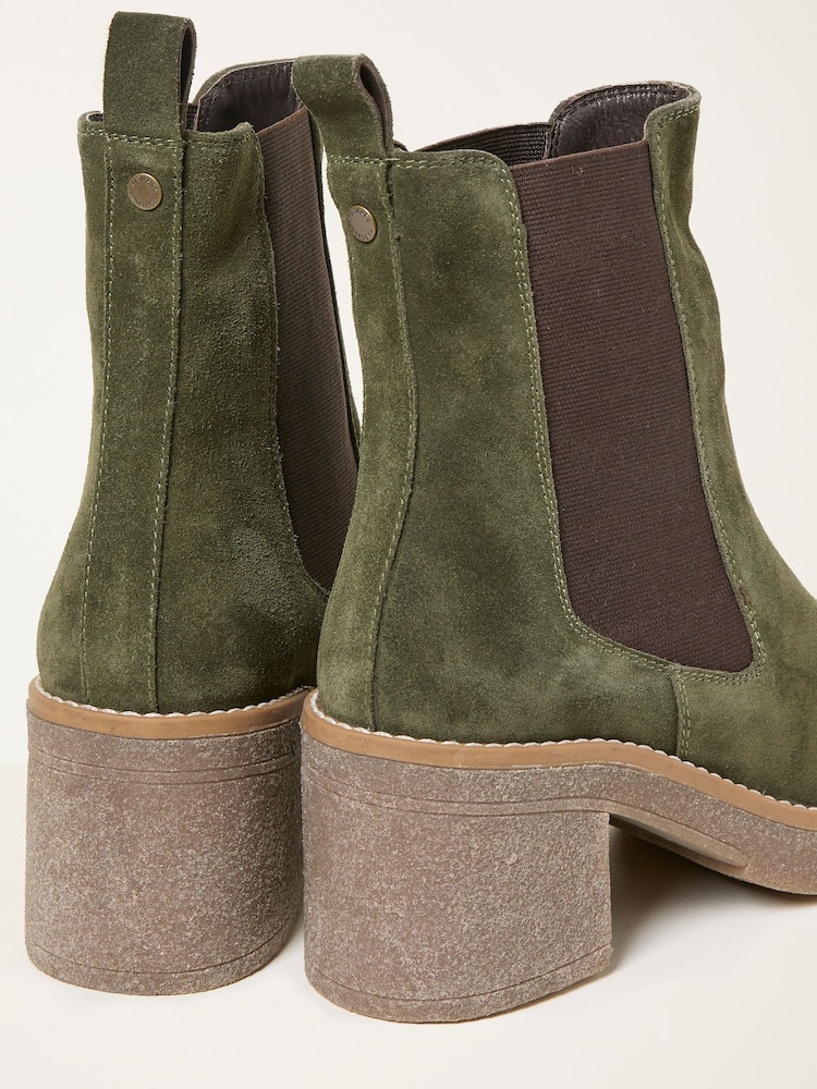 FatFace Khaki Green Suede Chelsea Mid Heel Boot - Image 2 of 3 FatFace Khaki Green Suede Chelsea Mid Heel Boot - Image 2 of 3