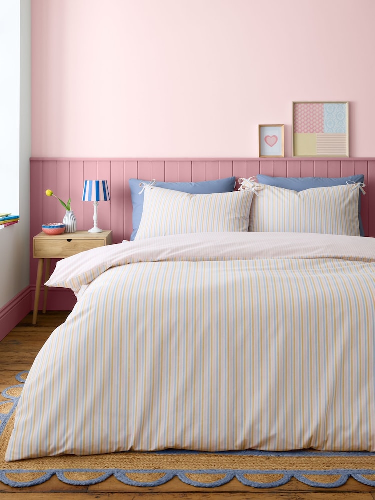 Catherine Lansfield Pastel Brighton Stripe Bow Trim Duvet Cover Set - Image 1 of 5 Catherine Lansfield Pastel Brighton Stripe Bow Trim Duvet Cover Set - Image 1 of 5