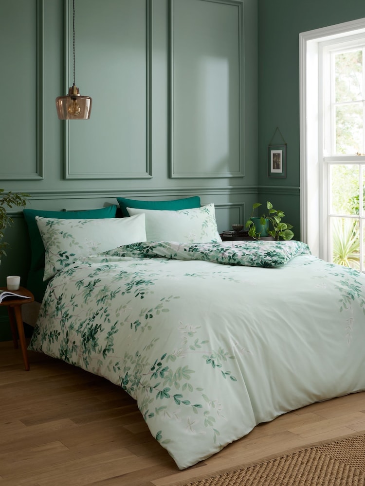 RHS Green Scenic Leaves Reversible Cotton Duvet Cover Set - Image 1 of 5