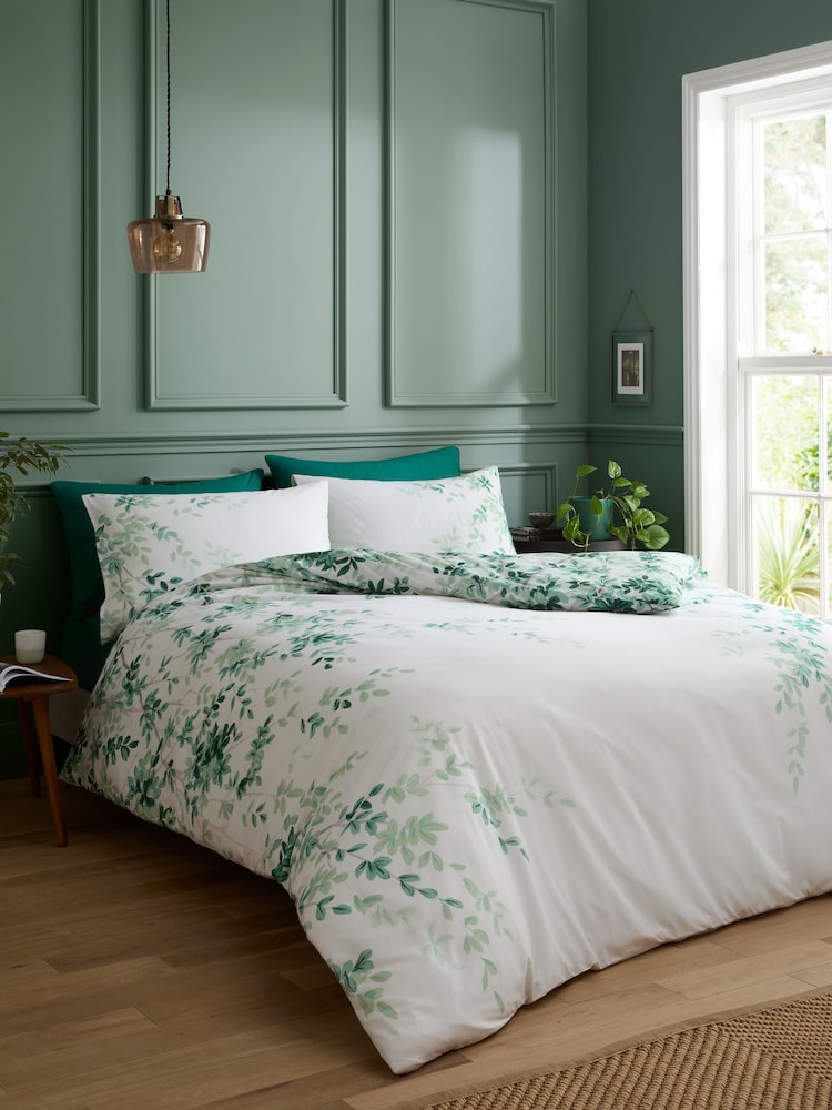 RHS Green Scenic Leaves Reversible Cotton Duvet Cover Set - Image 2 of 5