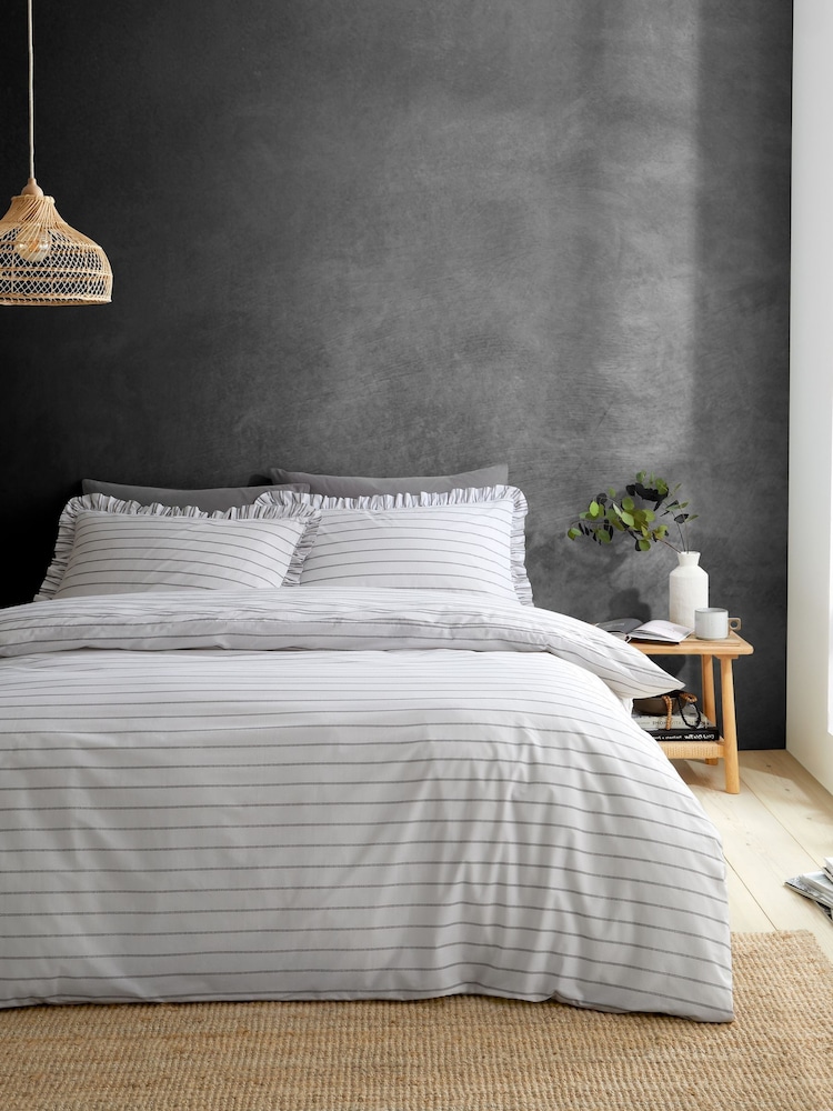 Style Sisters Black  White Frill Stripe Cotton Duvet Cover Set - Image 2 of 5