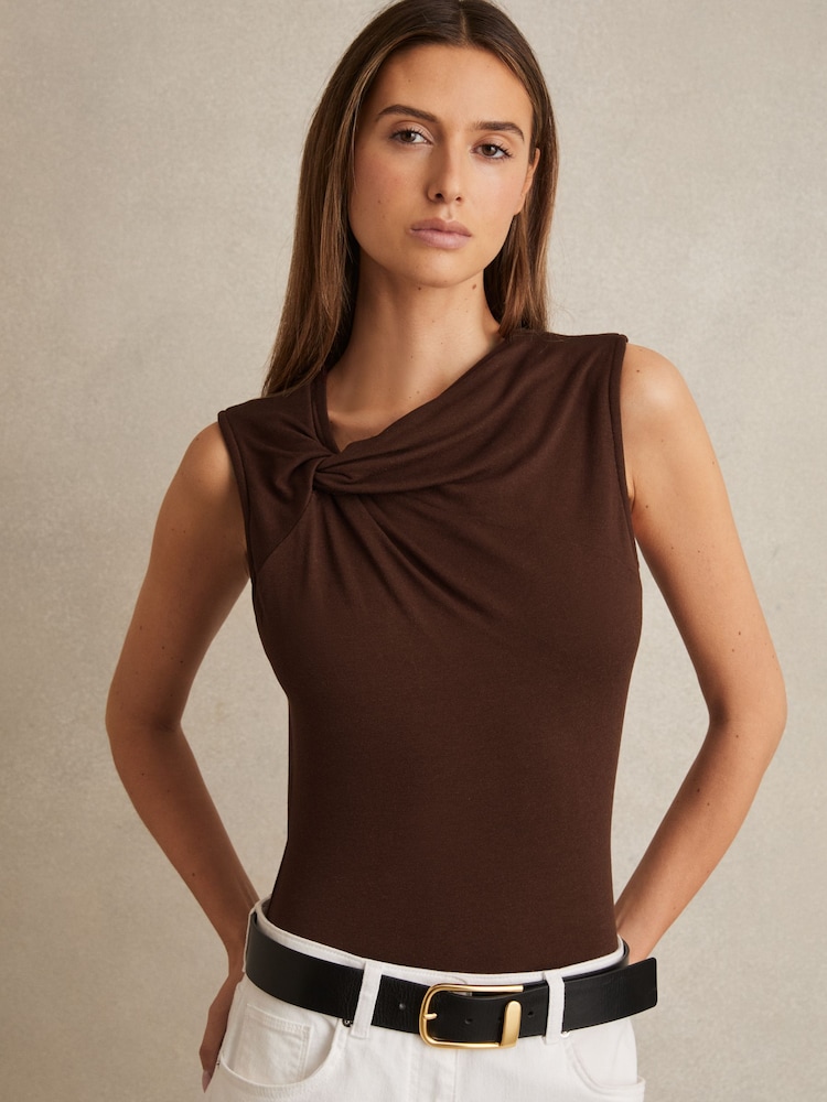 Reiss Chocolate Brown Fran Knot Detail Jersey Bodysuit - Image 1 of 6