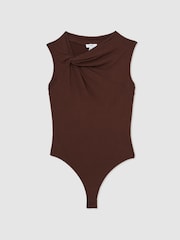 Reiss Chocolate Brown Fran Knot Detail Jersey Bodysuit - Image 2 of 6