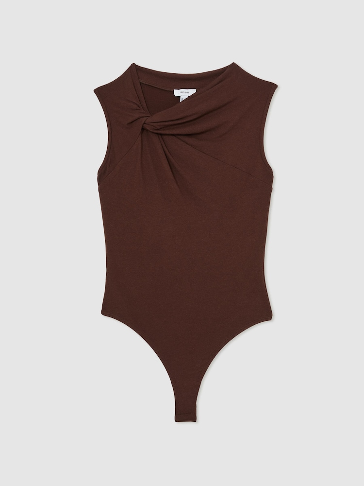 Reiss Chocolate Brown Fran Knot Detail Jersey Bodysuit - Image 2 of 6