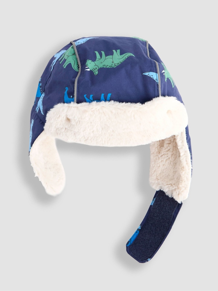JoJo Maman Bébé Navy Dino Dinosaur Borg Trapper Hat - Image 1 of 3 JoJo Maman Bébé Navy Dino Dinosaur Borg Trapper Hat - Image 1 of 3