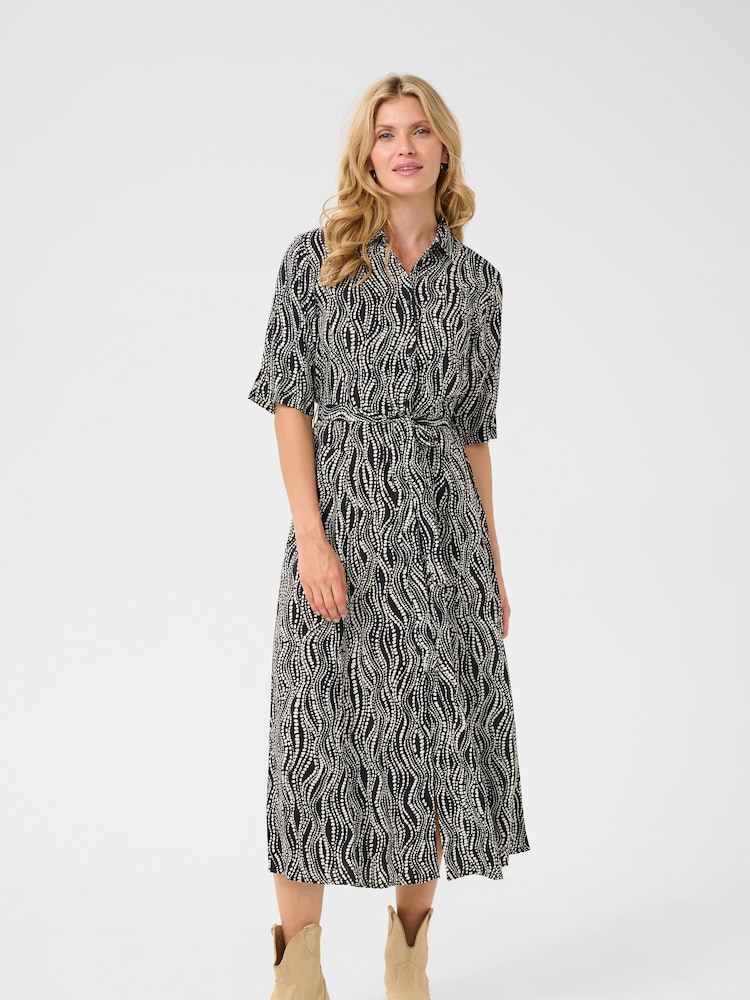 Cream Tiah Wavy Dots Midi Shirt Black Dress - Image 1 of 4 Cream Tiah Wavy Dots Midi Shirt Black Dress - Image 1 of 4