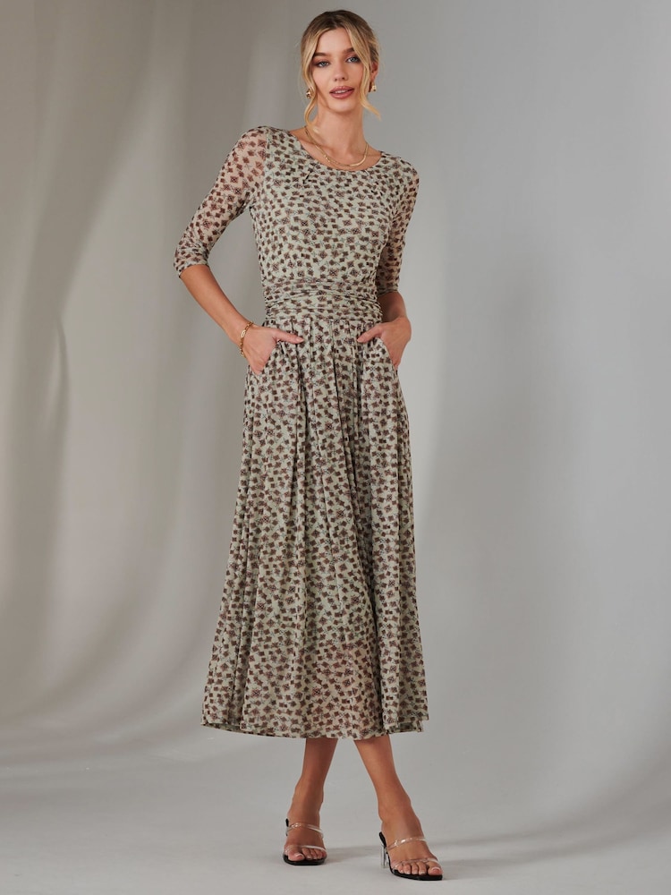 Jolie Moi Green Bella Print 3/4 Sleeve Mesh Maxi Dress - Image 1 of 6