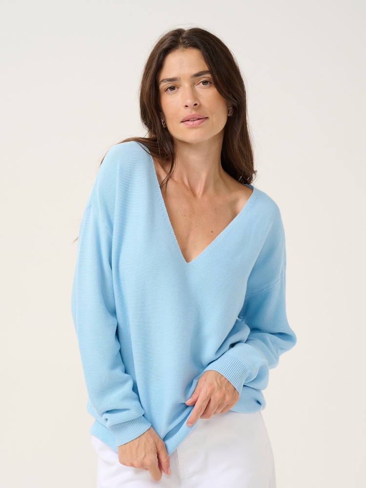 Cream Blue Sillar V-Neck Loose Fit 100% Cotton Knitwear Pullover Jumper - Image 1 of 5 Cream Blue Sillar V-Neck Loose Fit 100% Cotton Knitwear Pullover Jumper - Image 1 of 5