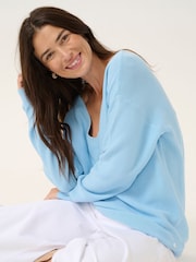 Cream Blue Sillar V-Neck Loose Fit 100% Cotton Knitwear Pullover Jumper - Image 3 of 5