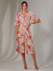 Jolie Moi Pink Pleated Wrap Midi Dress - Image 1 of 6